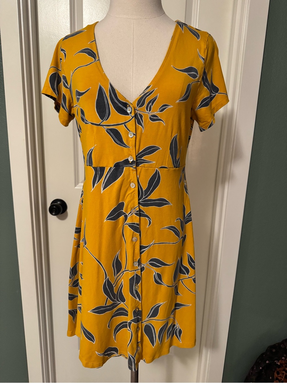 Obey Mustard Yellow Button-Front V-Neck Floral Dress